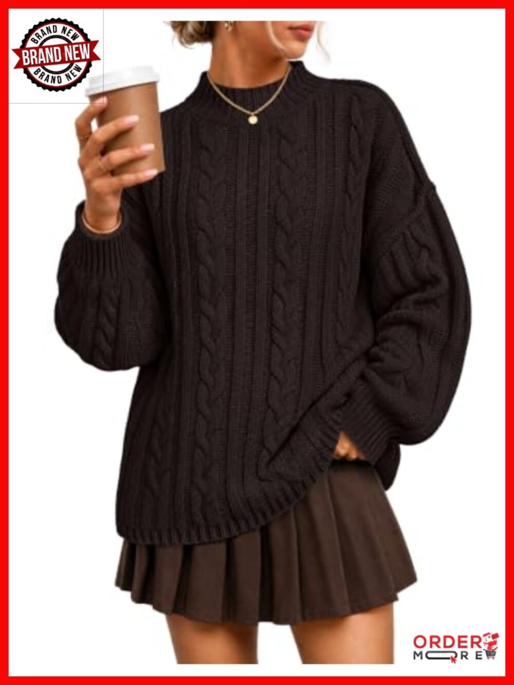 Cable Knit Mock Neck Oversized Pullover Sweater Drop Shoulder